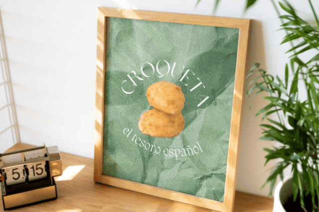 Cartel publicitario con una croqueta y el lema El Tesoro Español, campaña creativa de Doña Tecla para bar en Valladolid.