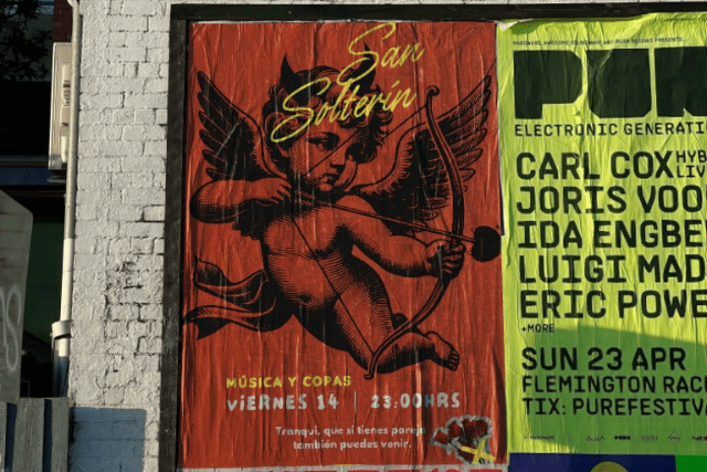 Cartel promocional del evento San Solterín en Valladolid, diseñado por Doña Tecla para un bar local.