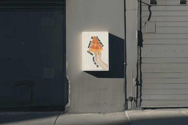 Cartel publicitario de Trozo Pizza en Valladolid, diseño de campaña de Doña Tecla para negocio de hostelería.